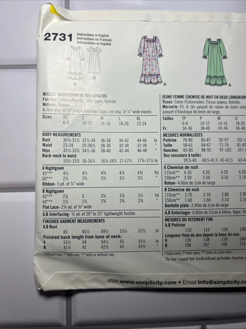 Simplicity 2731 Sewing Pattern Size A Opened Complete